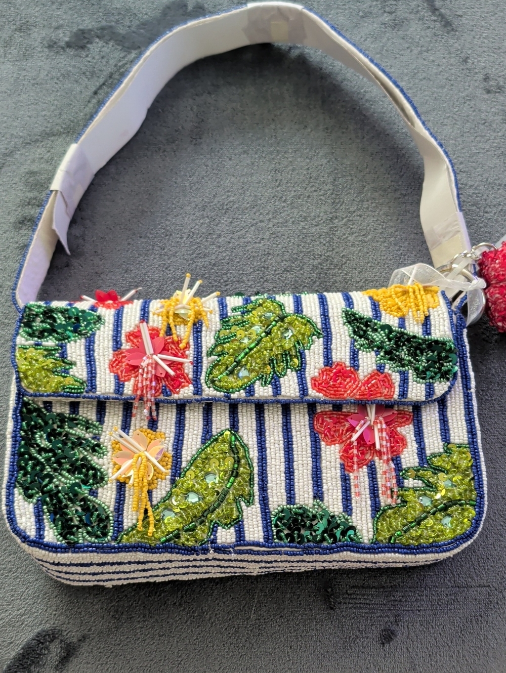 Beaded Floral Stripe Shoulder Bag - White & Blue